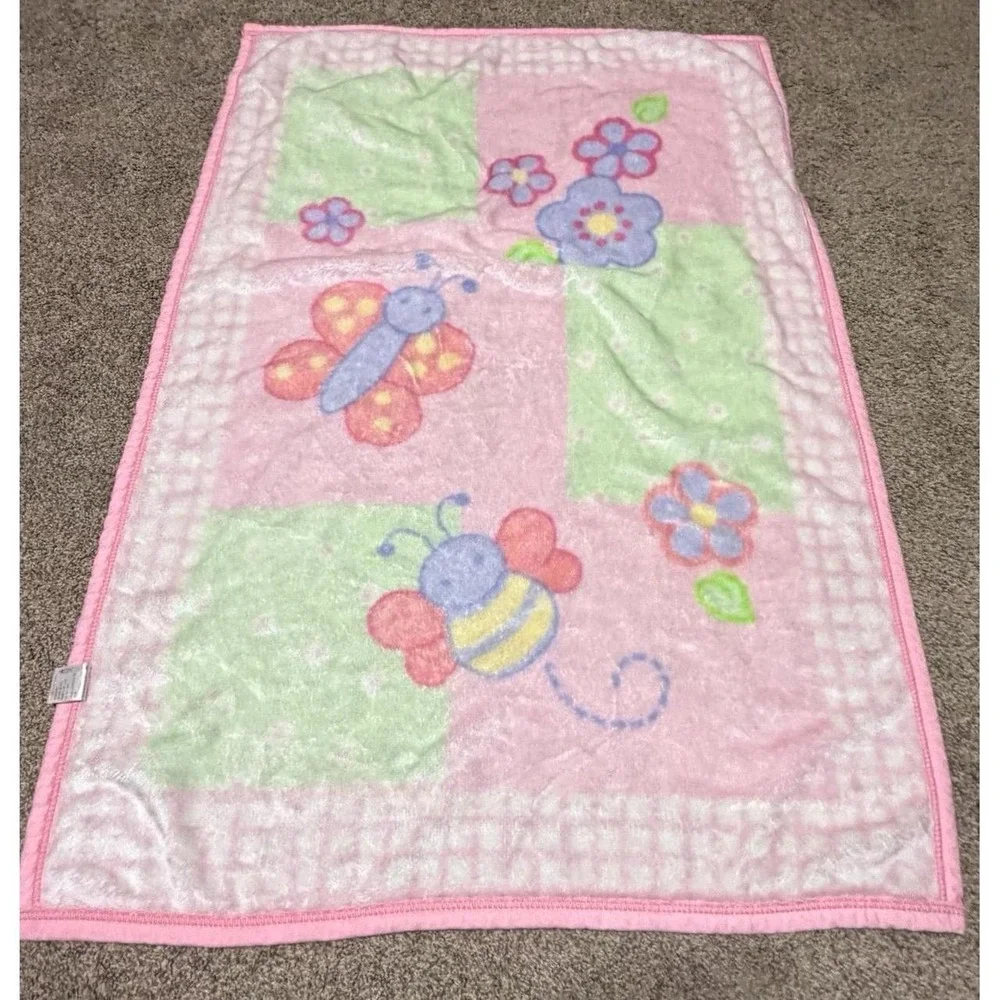 Vintage Baby Girl Plush Blanket Pink Green Butterfly Bee Floral Y2K Nursery